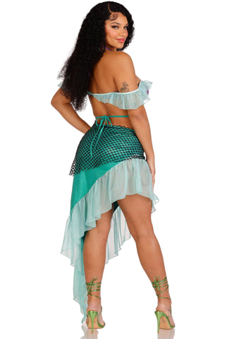 Three Piece Spellbound Mermaid Costume Set, Pearl halter iridescent Bra Top and Skirt