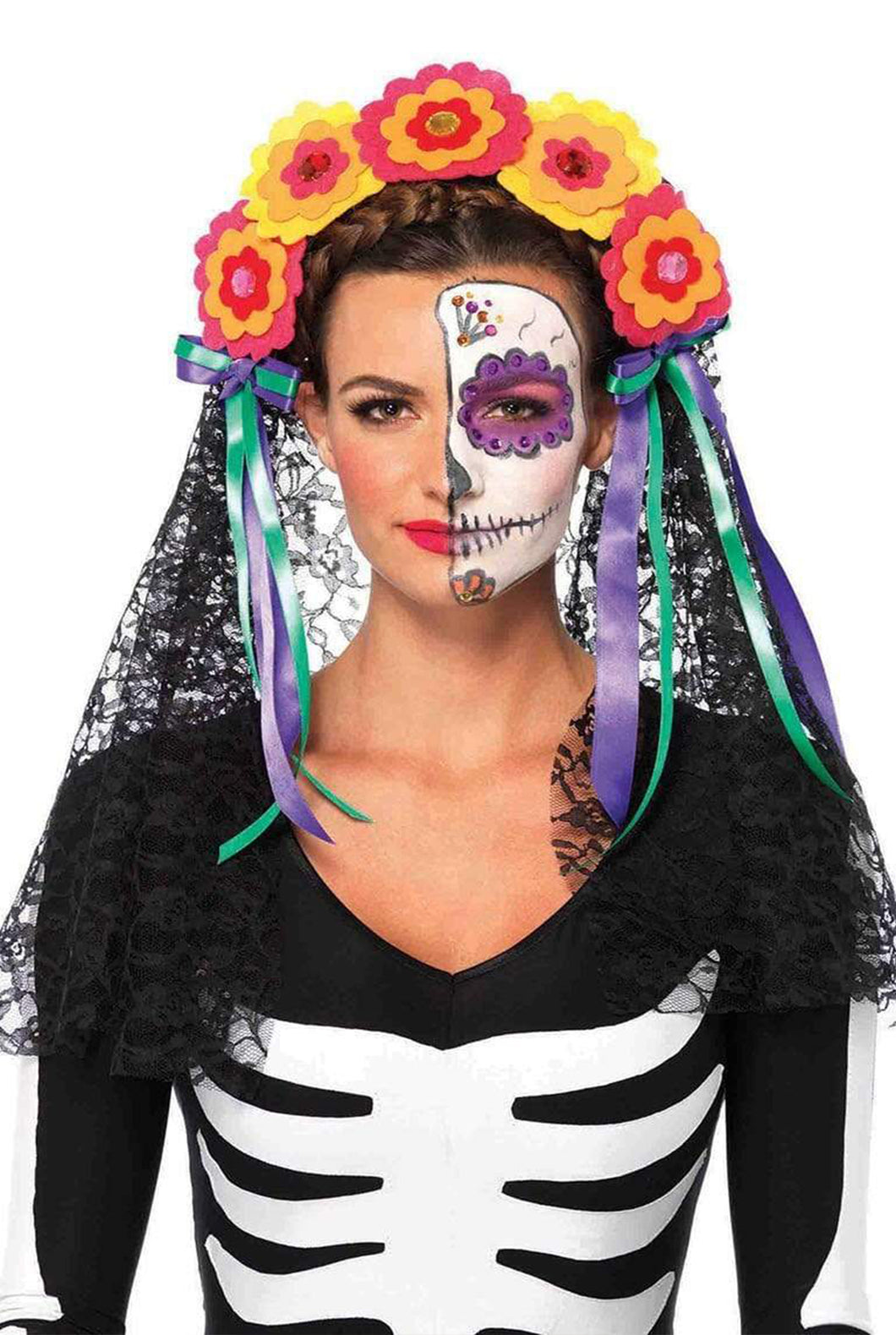 Day of the Dead Flower Headpiece with Lace Veil